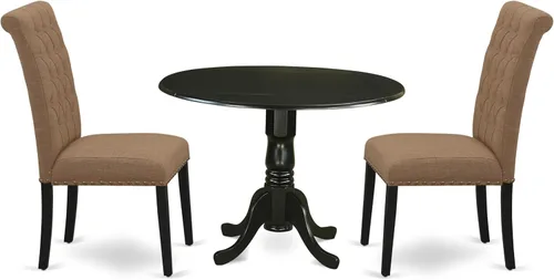 East West Furniture DLBR3-BLK-17 - Juego de muebles de comedor de 3 piezas que contiene una mesa de comedor redonda con gotas y 2 sillas tapizadas