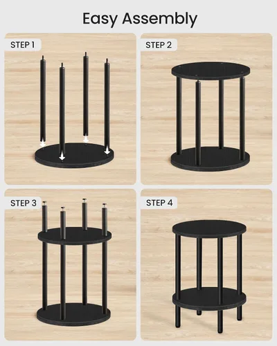 Miniatura 5 de CHOEZON Mesa auxiliar redonda, mesa auxiliar de 2 niveles, mesita de noche redonda pequeña con tubo de metal resistente, mesa auxiliar circular Negro