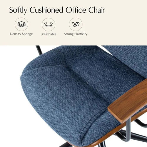 Miniatura 6 de HULALA HOME Silla de oficina de madera maciza con función de balanceo, silla de escritorio de tela cómoda con base de madera curvada y metal, silla