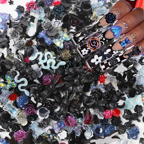 Miniatura 7 de COOSLIM 110 dijes de uñas 3D para uñas acrílicas, flor de camelia, rosa, mariposa, lazo, corazón, oso, conejo, estrella, para diseños de uñas, Negro