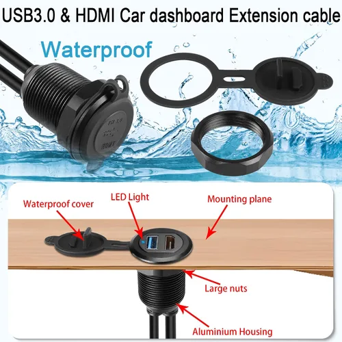 Miniatura 4 de QIANRENON USB3.0 y HDMI - Cable impermeable para automóvil, USB3.0+HDMI 1.4 roscado, cable de extensión de datos de montaje fijo, luz LED, carcasa