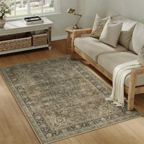 Miniatura 72 de Alfombra de área marrón lavable de 2 x 3 pies, alfombra vintage para entrada y cocina, antideslizante, suave, de pelo bajo desgastado, alfombra