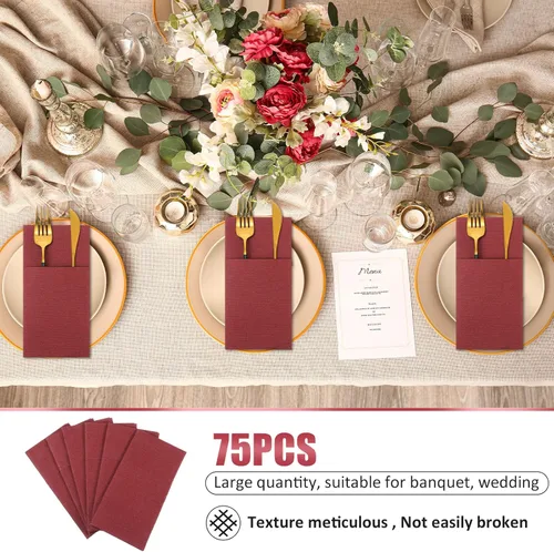 Miniatura 5 de Cindeer 75 piezas de servilletas de lino burdeos para cena con bolsillo plano incorporado, preplegadas, servilletas de papel desechables airlaid