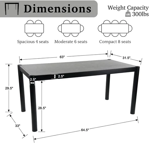 Miniatura 2 de LukeAlon Mesa de comedor de madera negra para 4 a 6 personas, mesa larga de cocina moderna de 64 pulgadas con patas de madera, mesas de comedor