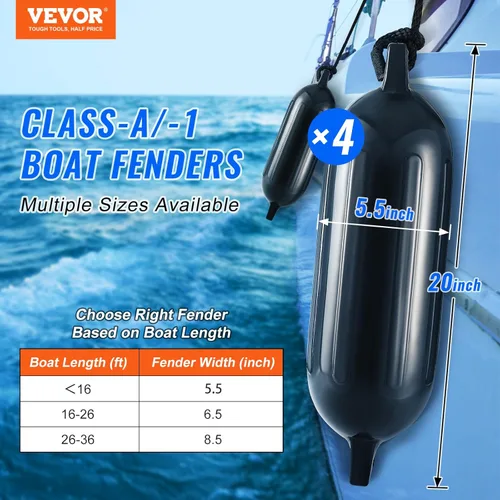 Miniatura 2 de VEVOR Boat Fenders, 5.5" x 20" Boat Bumpers for Docking, Inflatable Ribbed Fender with Center Holes, Marine Boat Dock Fender Bumper with Air Pump