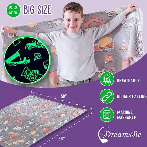 Miniatura 3 de Manta de camión de construcción que brilla en la oscuridad, manta luminosa de tractor para niños, manta de excavadora de camión volquete de felpa