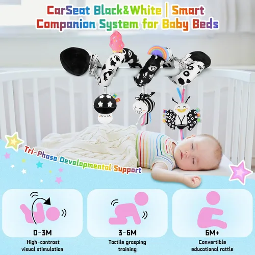 Miniatura 4 de Juguetes en Espiral para Asiento de Coche para Bebés, Juguetes Colgantes de Actividad para Cochecito de 0-6 Meses, Juguete Sensorial de Alto Blanco
