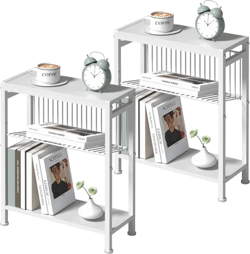 Miniatura 22 de Mesa auxiliar pequeña para espacios pequeños, mesa auxiliar estrecha de 3 niveles con portarevistas, mesita de noche delgada, mesa delgada para Gris