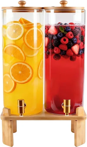 Miniatura 8 de Paquete de 2 dispensadores de bebidas de vidrio de 1.5 galones para fiestas, dispensador de bebidas con soporte de madera, dispensadores de agua