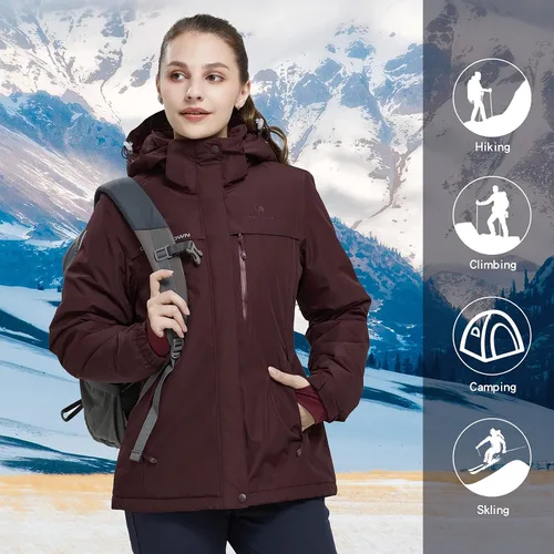 Miniatura 26 de CAMEL CROWN - Chamarra de esquí para mujer, impermeable, con capucha desmontable, rompevientos, forro polar, parka para lluvia