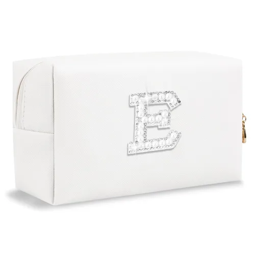 Miniatura 23 de Pequeña bolsa de maquillaje personalizada con inicial A-Z Preppy Patch, bolsa de cosméticos de viaje de felpilla blanca con cremallera, bonita bolsa