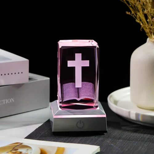 Miniatura 6 de YWHL Figura de Cruz de Cristal 3D con Base de Luz Colorida, Grabada Láser, Regalos Religiosos Bíblicos para Mujeres y Hombres, Decoración Cristiana