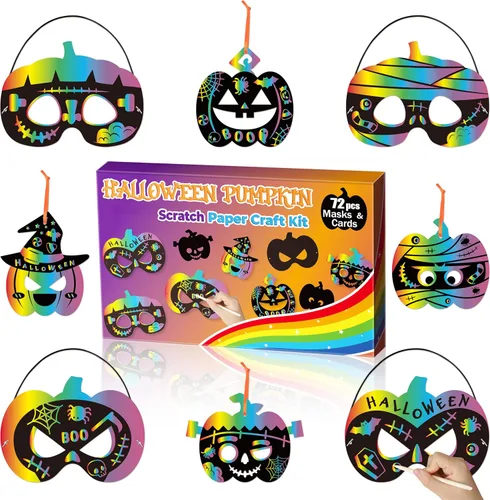 BeYumi Juego de 72 piezas de papel de rascar de calabaza de Halloween para niños, papel mágico para rascar, tarjetas de máscara de manualidades,