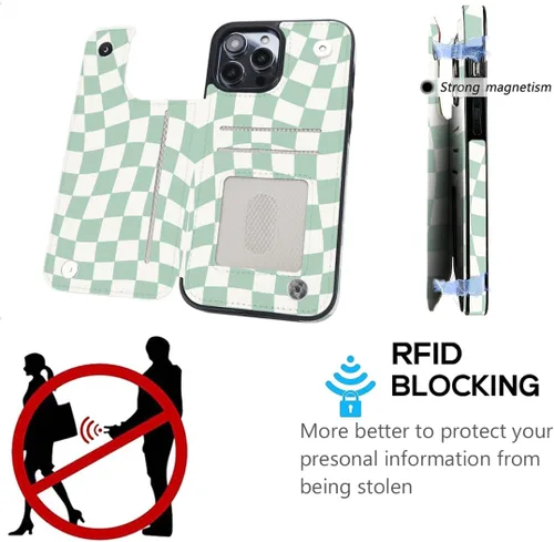 Miniatura 4 de Funda para iPhone 12/12 Pro de 6.1 pulgadas, cartera de cuero con tapa y tapa de cuero verde a la moda, diseño de tablero de ajedrez con ranuras