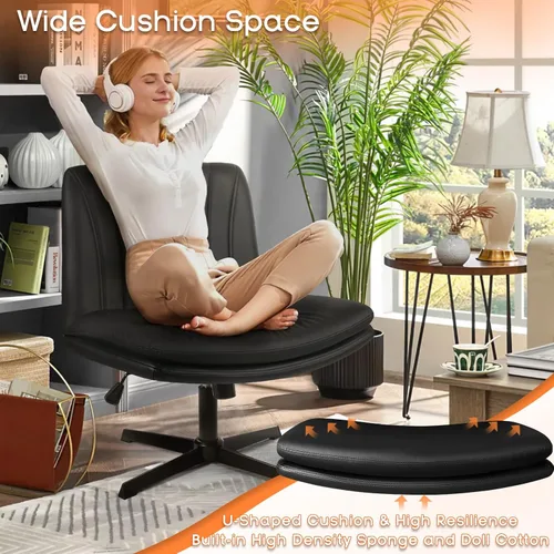 Miniatura 3 de PUKAMI Silla de Oficina con Patas Cruzadas, Silla de Escritorio de Oficina sin Brazos sin Ruedas, Cuero PU Tocador Giratorio Moderno, Asiento Ancho