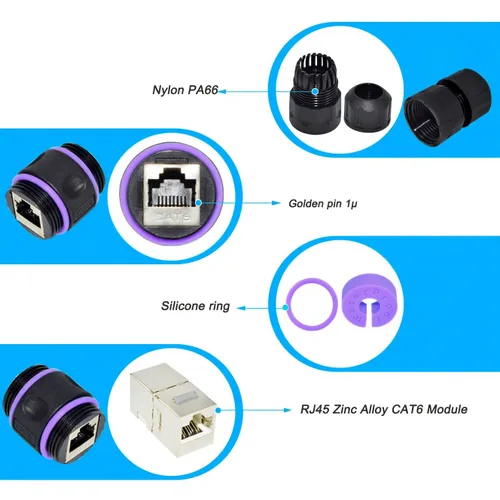 Miniatura 3 de Y.D.F Acoplador RJ45 impermeable IP68, acoplador Ethernet de cobre puro blindado, acoplador Gigabit IP68 impermeable Ethernet al aire libre conector