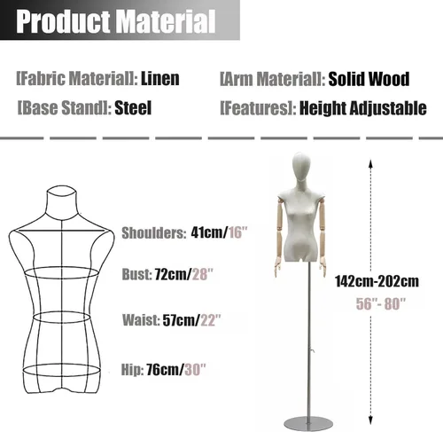 Miniatura 6 de Adjustable Female Mannequin Torso with Head & Wooden Arms - Height Adjustable Dress & Jewelry Display Stand for Retail & Home Use, Ideal Tailor's