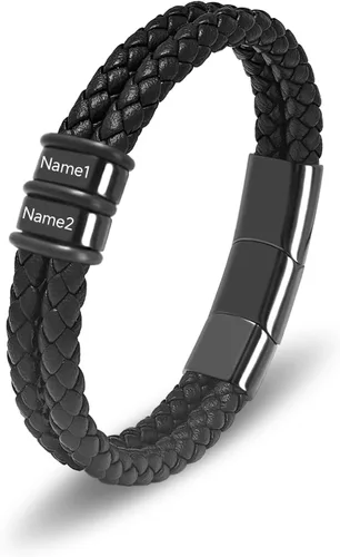Miniatura 22 de Pulsera personalizada para hombre con cuentas de nombre personalizadas, pulsera de cuero trenzado personalizada grabada con 2-6 nombres