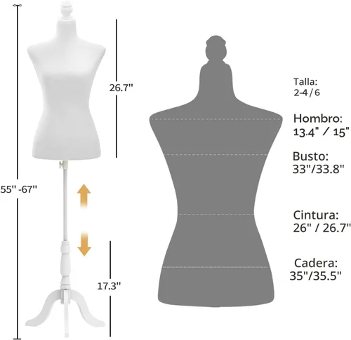 Miniatura 2 de Bonnlo Maniquí de costura, apto para clavar alfileres, para vestido de mujer, con base de trípode de madera., Blanco, 6