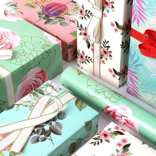 Miniatura 2 de Papel de regalo para niñas y mujeres, 12 hojas de papel de regalo floral de cumpleaños, papel de regalo plegado colorido rosa y verde para Floral 12