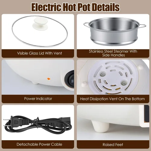 Miniatura 7 de Hot Pot Electric with Steamer, Rapid Noodles Cooker, 1.8L Portable Ceramic Inner Electric Hot Pot, Mini Pot for Egg, Ramen, Dumpling, Soup, Electric