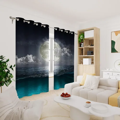 Miniatura 4 de Renaiss Cortinas opacas con luna llena y océano, cortinas de ventana de paisaje nocturno para dormitorio, nivel del mar, cortinas de ventana