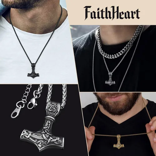 Miniatura 3 de FaithHeart - Collar con talismán escandinavo vikingo de martillo de Thor, joya original clásica de hombre de acero inoxidable, amuleto colgante