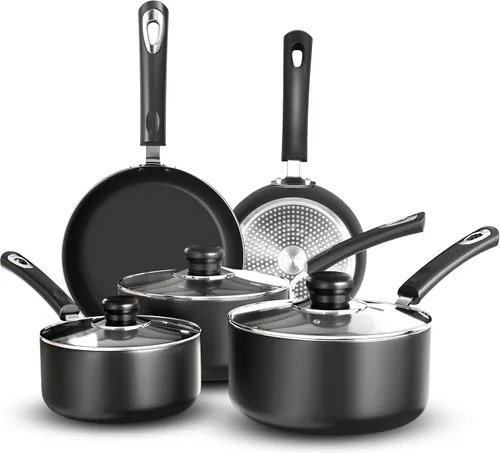 KICHLY Juego de ollas y sartenes de cocina antiadherentes, 5 sartenes de inducción de 7.9 in y 11.0 in, cacerola con tapas de 7.9 in, 7.1 in,