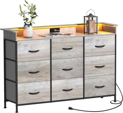 Miniatura 7 de EXOTICA Cómoda con estación de carga, 9 cajones para dormitorio con luces LED, cómoda de tela alta y ancha para armario, pasillo, entrada, marco