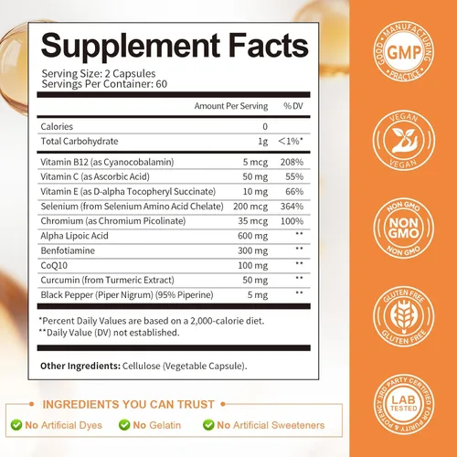 Miniatura 5 de Ácido Alfa Lipoico 600mg con Benfotiamina 300mg - Suplemento ALA para Apoyo de Neuropatía, Salud Nerviosa y Antioxidante, Energía Celular