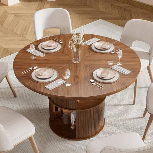 Miniatura 4 de Mesa de comedor redonda de 47 pulgadas para 4, mesa de comedor de cocina de granja con estante de almacenamiento de 2 capas y panel estriado