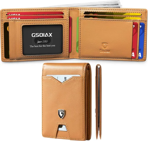 Miniatura 8 de GSOIAX Billetera delgada para hombre, minimalista, de piel auténtica, fibra de carbono, bloqueo Rfid, de piel de vaca, plegable, tarjetero con caja