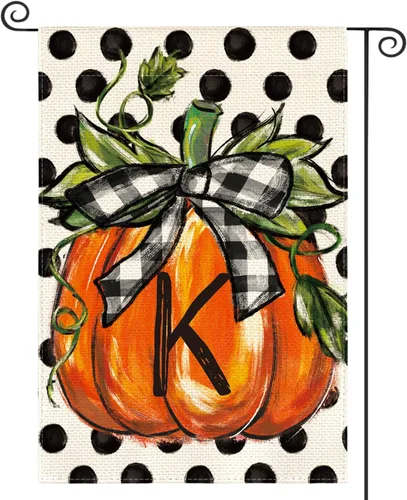 AVOIN colorlife Bandera de jardín con monograma de otoño con letra K, diseño de calabaza, con diseño de lunares, 12 x 18 pulgadas, doble cara en el