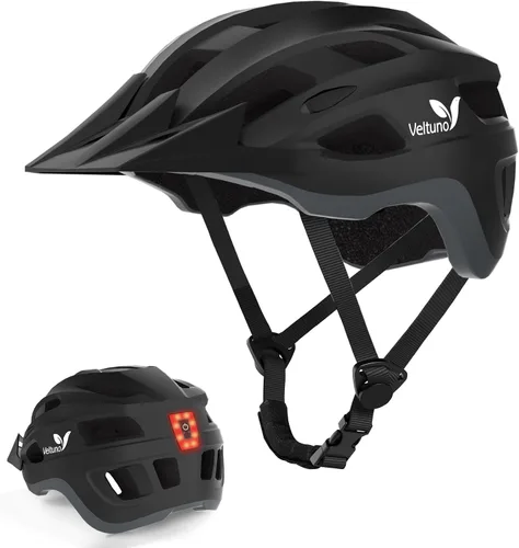 Casco de bicicleta para adultos, casco ligero de bicicleta de montaña con luz trasera LED recargable por USB, visera solar extraíble para mujeres,