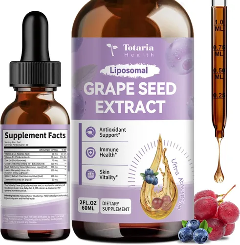 Totaria Gotas líquidas de extracto de semilla de uva | Suplemento antioxidante de polifenoles de alta potencia con 95 % para la piel, el corazón y