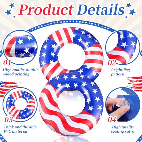Miniatura 3 de Flotador de piscina con bandera de Estados Unidos de 36 pulgadas, anillo inflable para piscina, flotador patriótico redondo para playa, lago