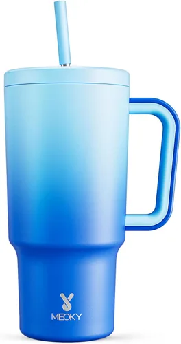 Miniatura 26 de Meoky - Vaso de 30 oz con asa, tapa y pajilla, taza de viaje térmica de acero inoxidable 100% a prueba de fugas, para portavasos, mantiene el frío