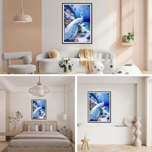 Miniatura 3 de SENQAO Kits de pintura de diamantes de pavo real para adultos, pintura de diamante de pavo real blanco, pintura de diamante 5D para playa, pavo