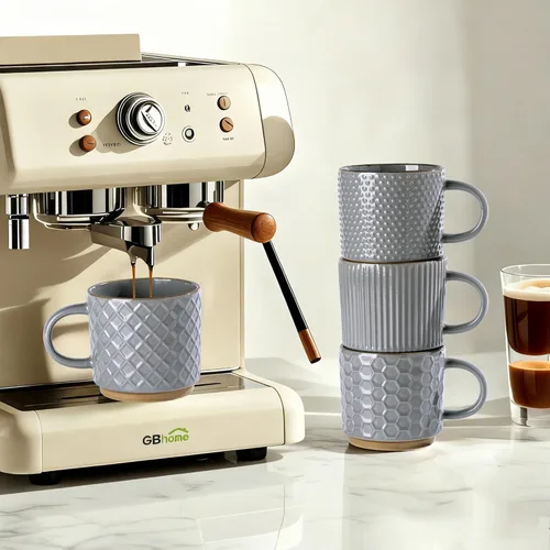 Miniatura 5 de GBhome Juego de 4 tazas de café apilables de 8 onzas, tazas de café de cerámica con patrones de textura para hombre, mujer, papá, mamá, tazas de Gris