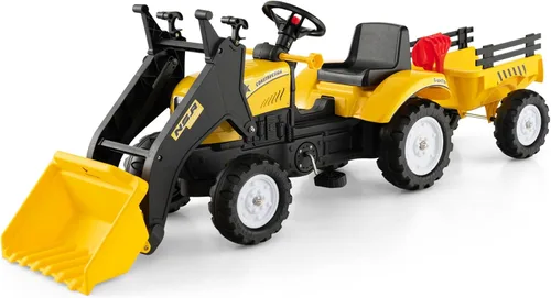 Olakids Excavadora de Montar para Niños, Carro Excavador de Pedales Bulldozer con Cucharón de Control Manual, Remolque de Carga Desmontable, Pala,