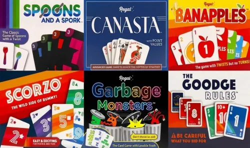 Regal Games Conjunto de juegos de cartas divertidos para adultos – Canasta, Spoons and a Spork, Garbage Monsters, ScorZo, The Goodge Rules y