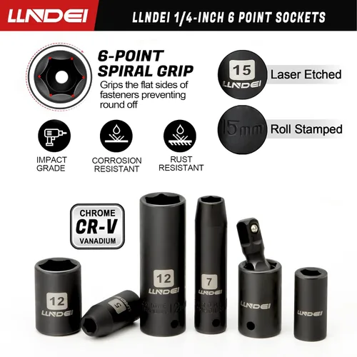Miniatura 8 de LLNDEI Juego de vasos de accionamiento de 1/4" y juego de llaves de tuerca de 44 piezas, vasos de 1/4 pulgada profundos y poco profundos métricos