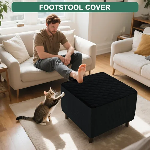 Miniatura 2 de Funda de otomano acolchada impermeable con protector de reposapiés para sofá, cubierta para taburete, protector para taburete con lazada Negro
