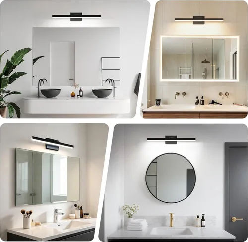 Miniatura 8 de IZORRO Moderna lámpara de tocador de baño de 16 pulgadas, giratoria, 12 W, regulable, lámpara LED sobre el espejo, barra de luz negra para tocador