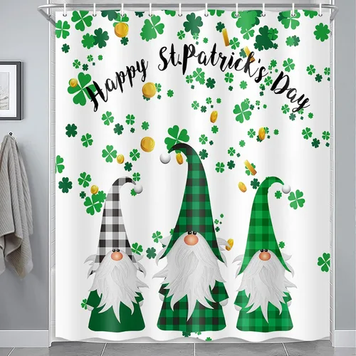 Miniatura 12 de MERCHR Cortina de ducha del día de San Patricio, trébol verde, hoja de trébol, diseño de elfo irlandés, gnomo irlandés, tela decorativa a cuadros