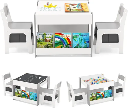 HONEY JOY Mesa y sillas para niños, juego de actividades de madera 4 en 1 para niños con libreros dobles, almacenamiento, tablero desmontable, para