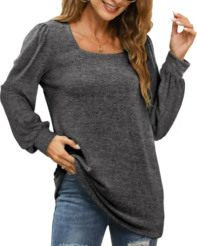Miniatura 2 de WIHOLL Camisetas tipo túnica para mujer, ajuste holgado, manga larga, cuello cuadrado