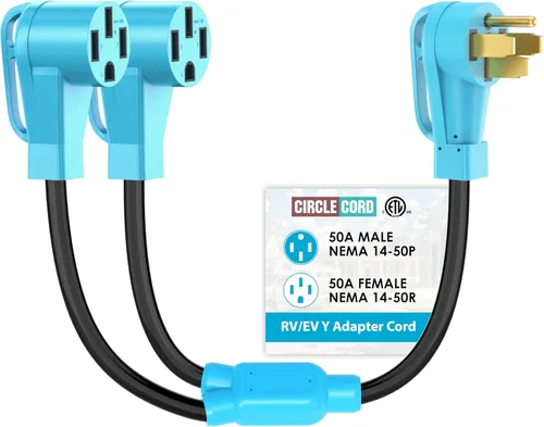Miniatura 9 de CircleCord Cable adaptador en Y para RV con certificación ETL, dos de 30 amperios a 50 amperios, enchufe macho NEMA TT-30P a hembra 14-50R con mango
