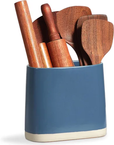 ONEMORE Utensilios de cerámica grande con tapete de corcho, soporte ovalado para utensilios de cocina para encimera, organizador de utensilios de