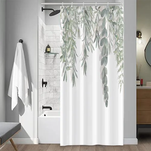 Miniatura 34 de Cortinas de ducha botánicas verdes de 36 x 72 pulgadas, hojas de eucalipto naturales de primavera para minimalismo moderno, decoración de baño, tela